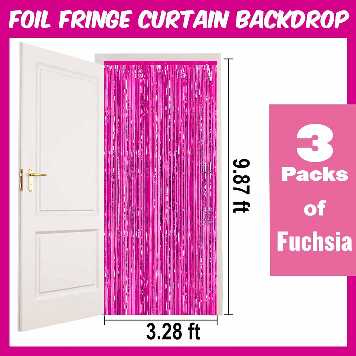 3 Pack Fuchsia Foil Fringe Curtains Backdrop, 3.28 x 9.8 Ft Metallic Streamers Tinsel Curtains