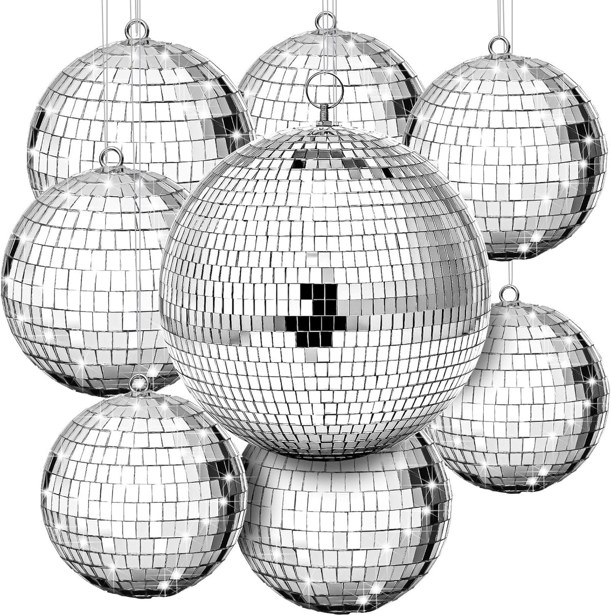 Haull 8 Pcs Large Disco Ball Set Silver Mirror Disco Reflective Ball with Hanging Ring Party