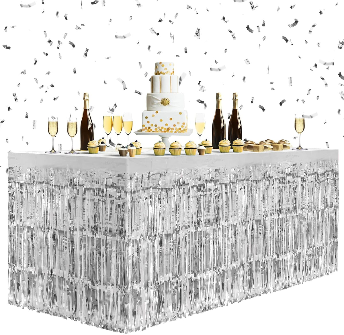 2 Pack Silver Table Skirts, 29x108" Metallic Foil Tinsel Fringe Table Skirts for Rectangle Tables