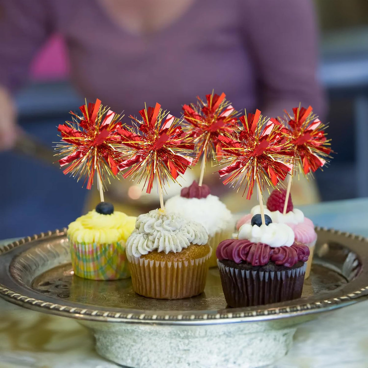 Gyufise 20Pcs Foil Firework Cupcake Toppers Sparkle Tinsel Cake Toppers Tinsel Drink Cake