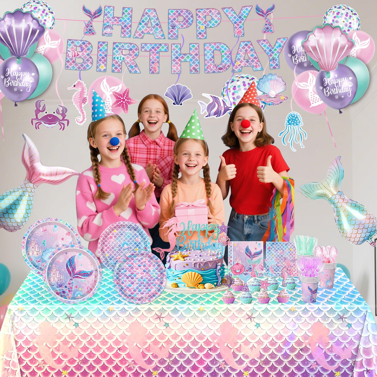 NKPDAXM Mermaid Birthday Decorations Include Plates, Napkins, Cups, Cutlery, Hanging Swirls