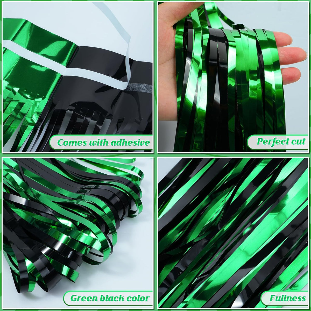 3Pack 3.3Ft x 6.6Ft Graduation Foil Fringe Curtain Backdrop Decorations, Green Black Metallic