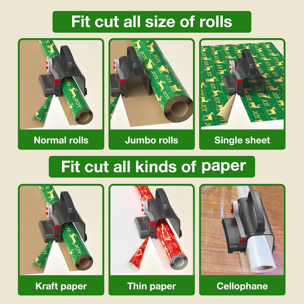 (2-Pack) Wheel Wrapping Paper Cutter & Tape Dispenser with 4 Tapes，2 Replace Blades Kit for