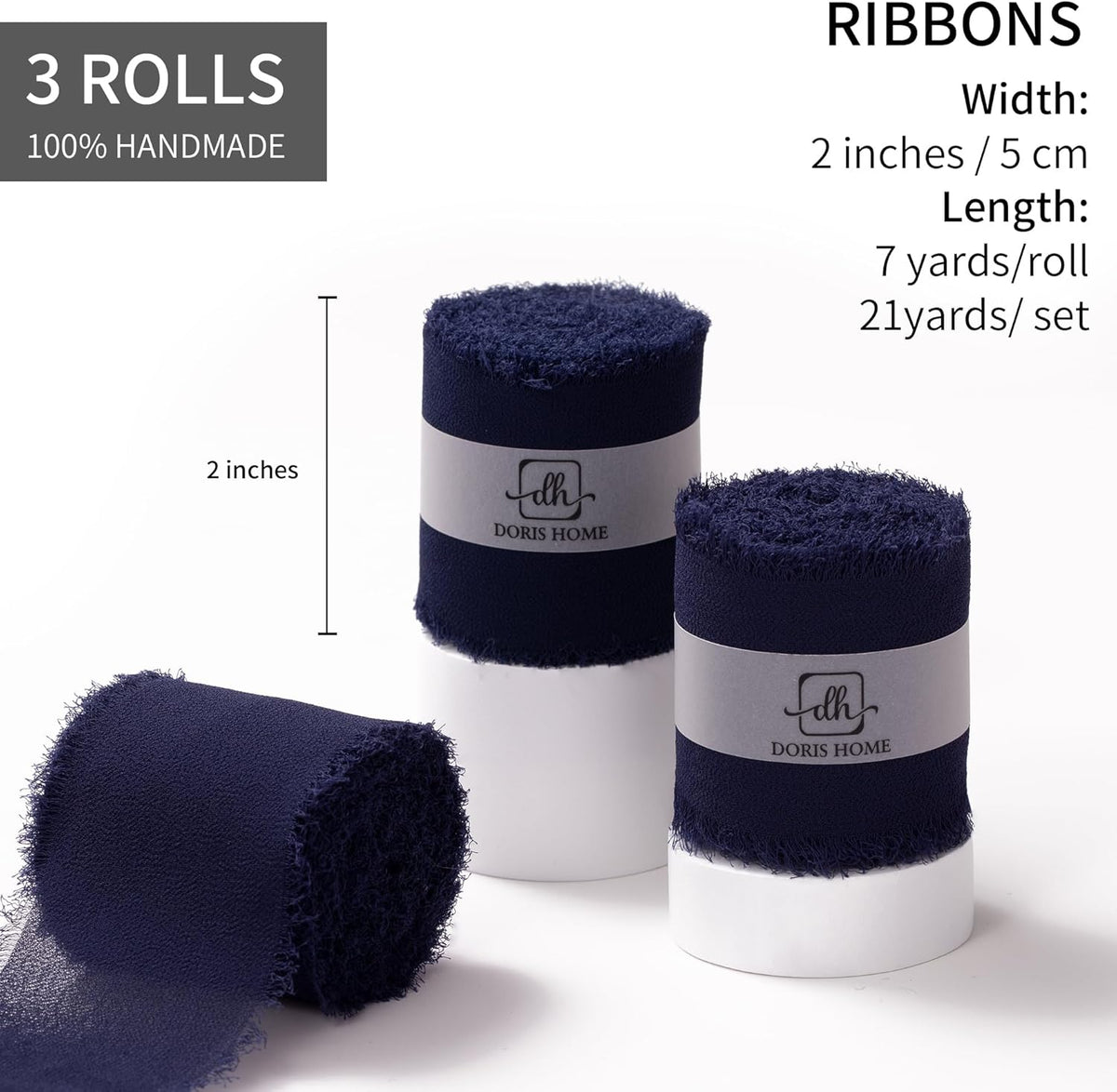 DORIS HOME Dark Navy Chiffon Ribbon for Flower Bouquet, 2" x21Yd Fabric Ribbon for Gift Wrapping