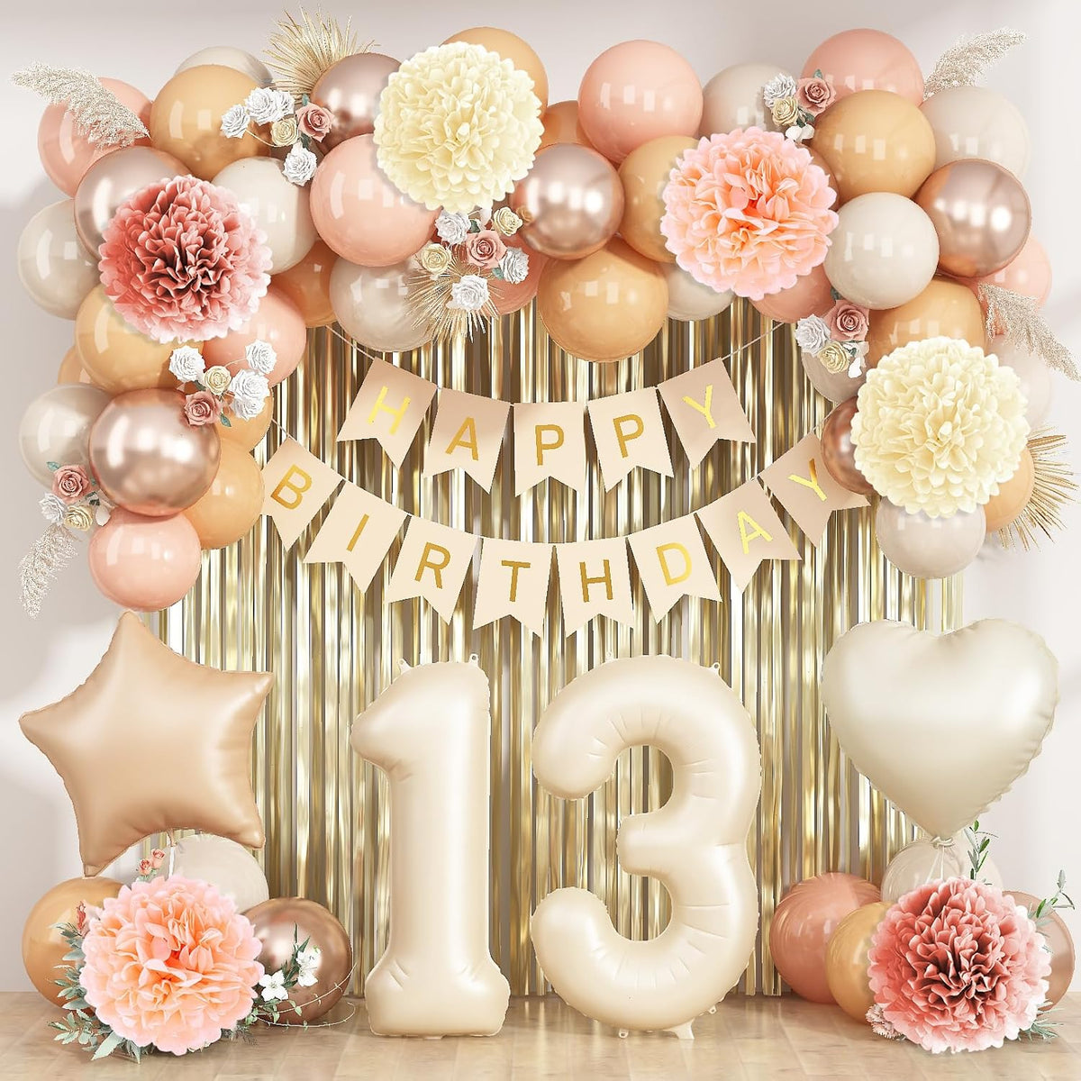 Beige 13th Birthday Decorations Girls Boys Cream Number 13 Balloon Nude Gold Happy Birthday Banner