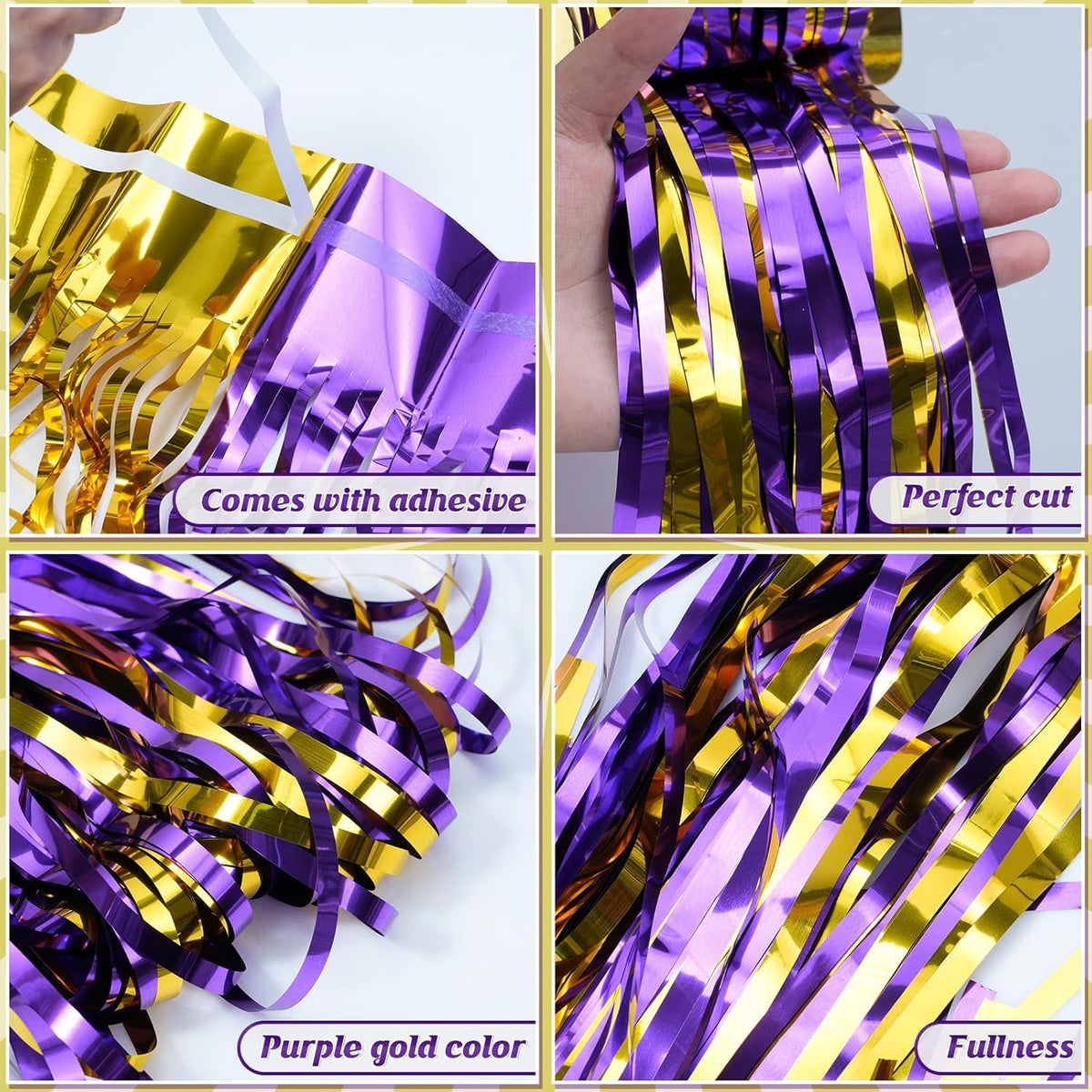 3Pack 3.3Ft x 6.6Ft Graduation Foil Fringe Curtain Backdrop Decorations, Purple Gold Metallic