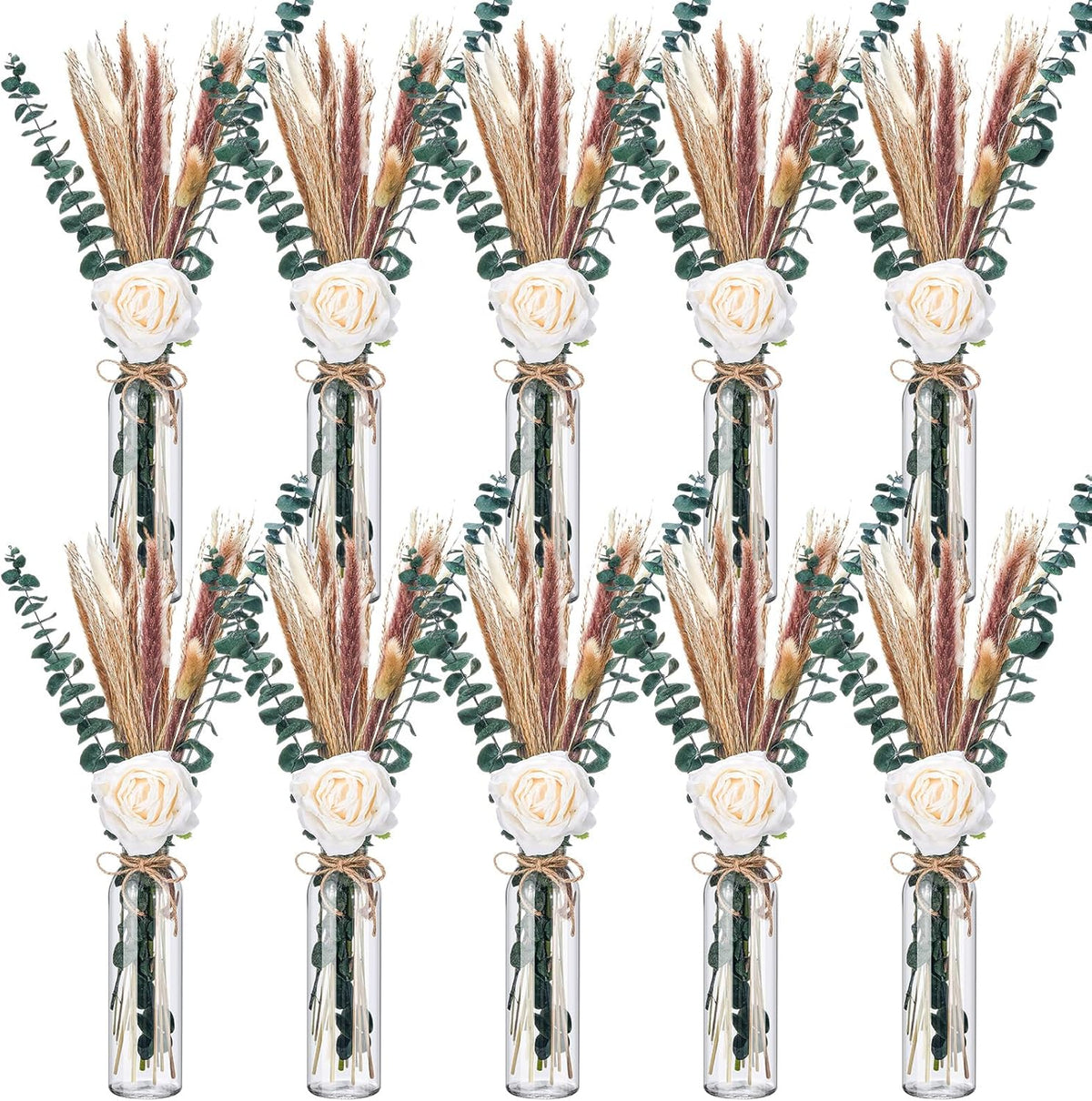 10 Set Dried Pampas Grass Centerpiece for Wedding 10 Clear Glass Jars 10 Artificial Roses 80 Dried