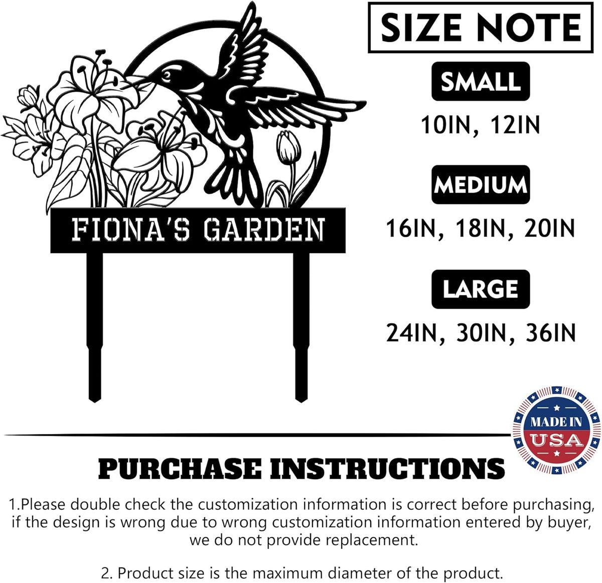 Personalized Garden Signs for Outside, Custom Metal Hummingbird Flowers Garden Decor with Stake