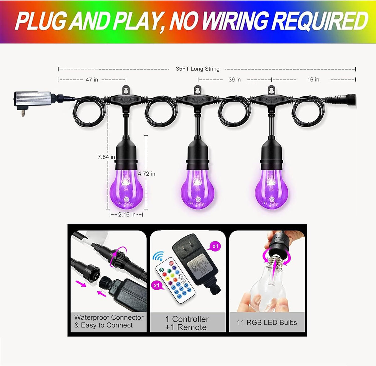 35FT Outdoor String Lights, 16 Shatterproof Edison Bulbs, Dimmable RGB Color Changing Patio Lights