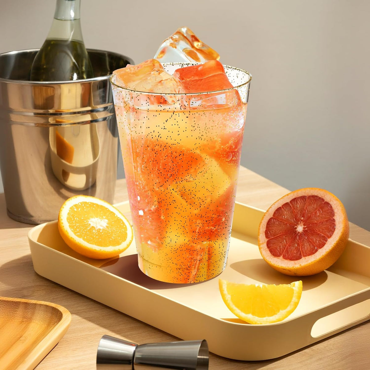 [100 Pack] 12oz Plastic Cups with Gold Glitter Sturdy & Food Safe Plastic Wine Glasses Disposable