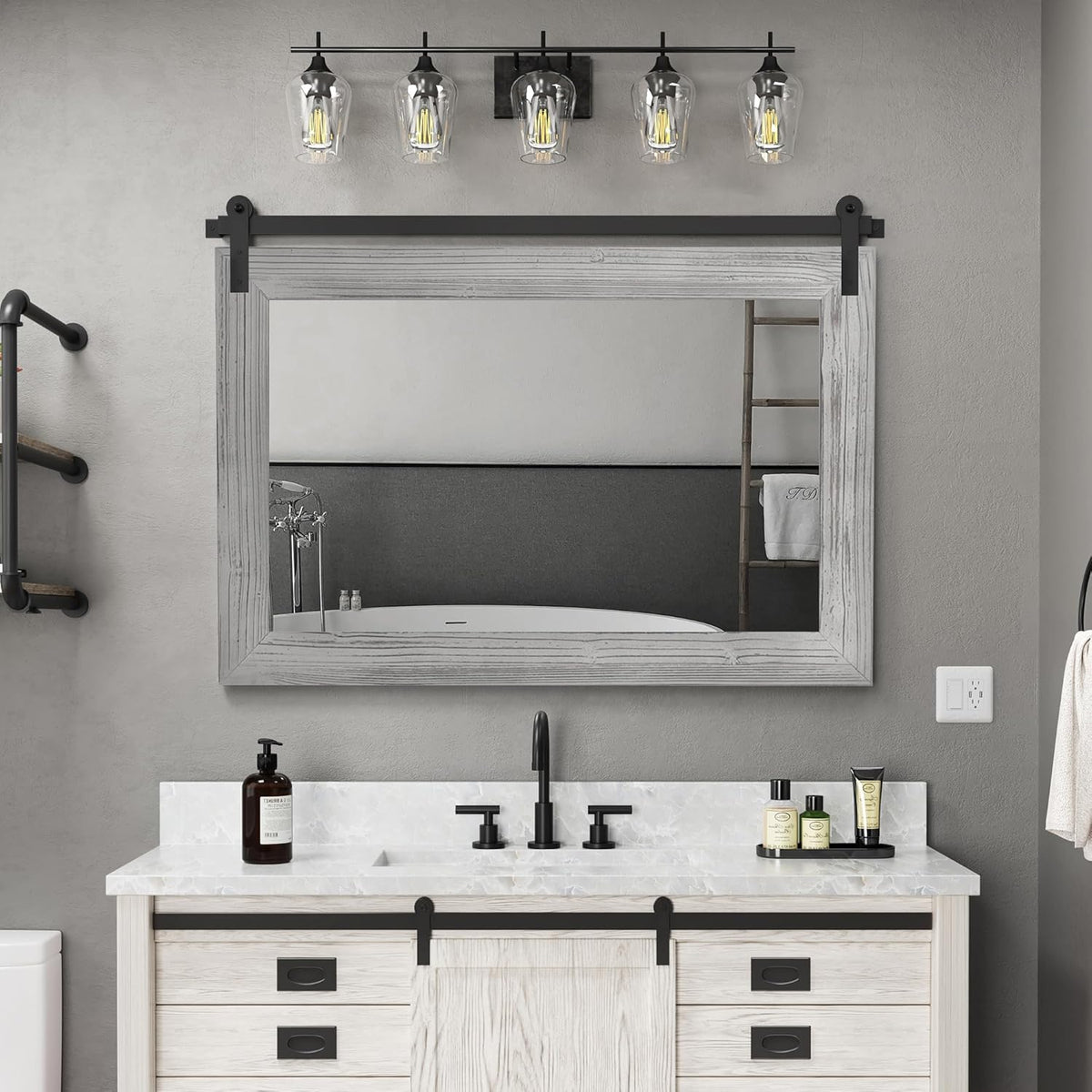 COGOOD Farmhouse Bathroom Mirror - 41" x 30" Rustic Barn Door Mirror for Living Room, Entryway