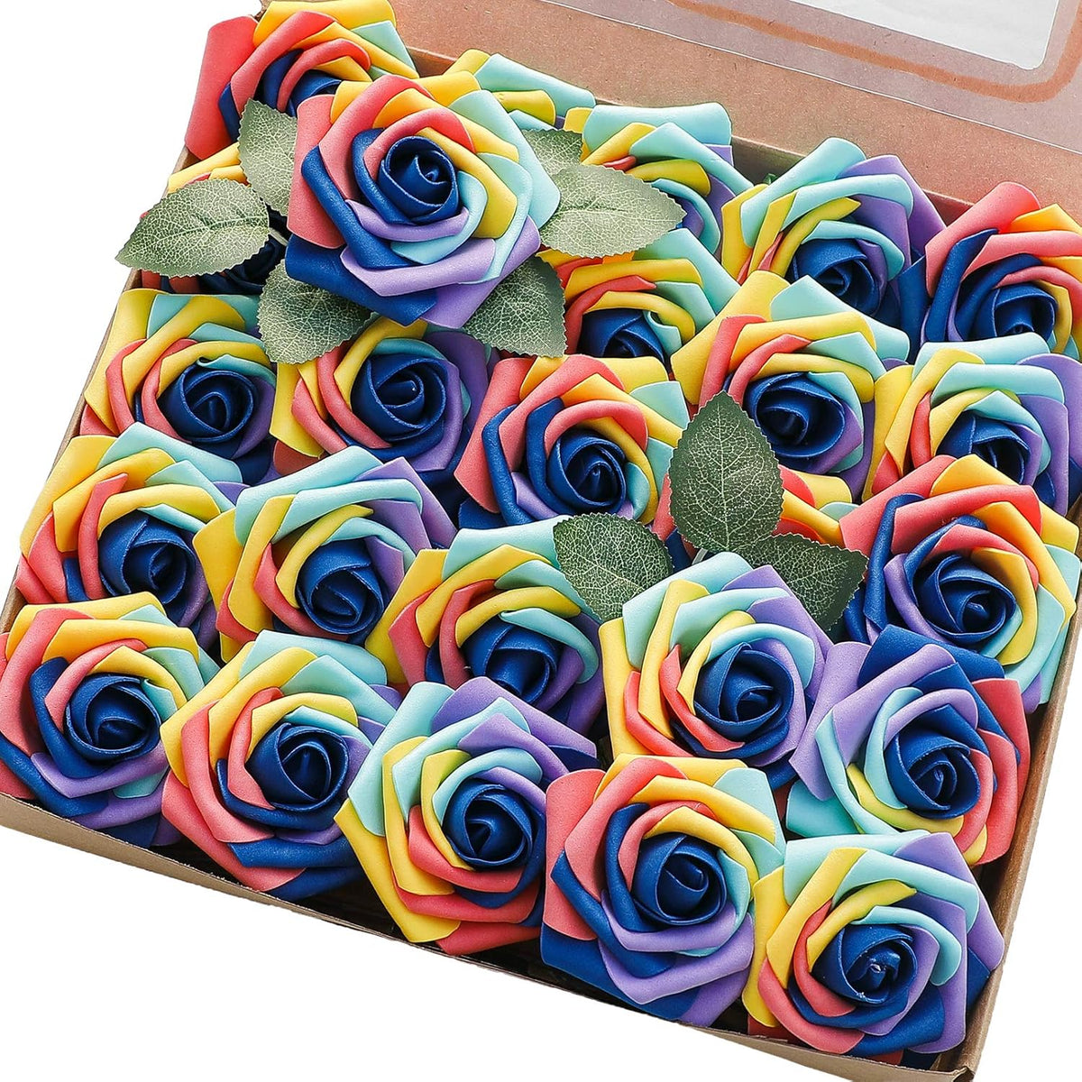 Floroom Artificial Flowers 25pcs Real Looking Whimsical Blue Foam Fake Roses with Stems for DIY