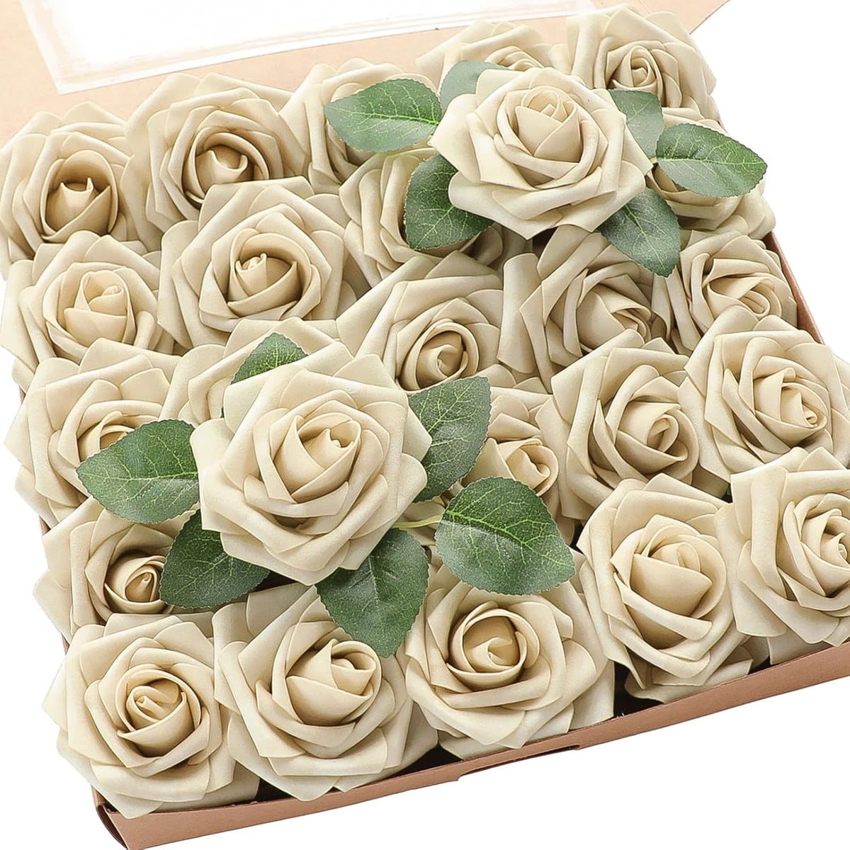Floroom Artificial Flowers 25pcs Real Looking Beige Foam Fake Roses with Stems for DIY Wedding