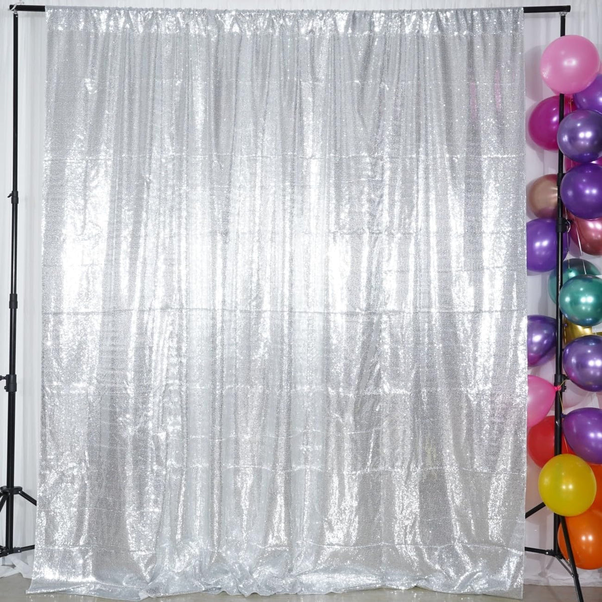 Poise3EHome 8Ft x 10Ft Silver Sequin Backdrop, Glitter Thick Satin Sequin Background Drapes