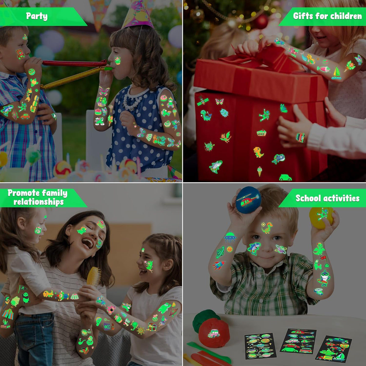 370 Patterns Party Favors for Kids, 36 Sheets Glow In Dark Stickers Luminous Temporary Tattoos