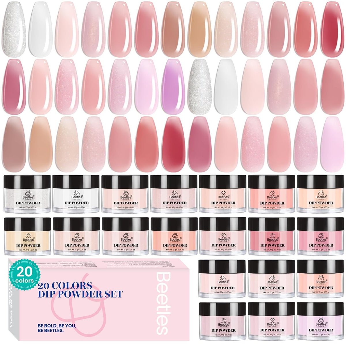 Beetles Pink Nude Dip Powder Nail Kit, 20 Colors Neutral Jelly Pink Sheer Glitter White Dip Nails