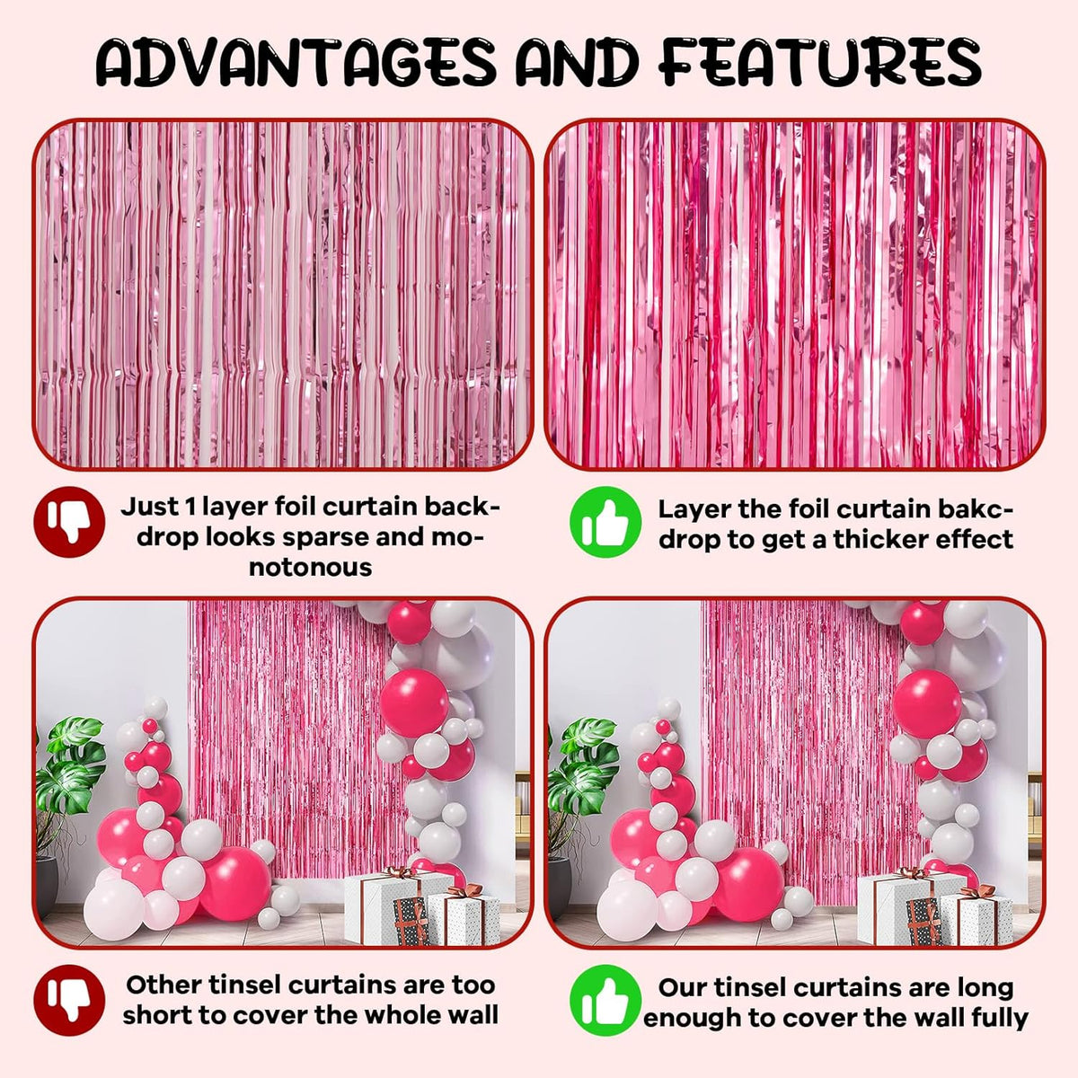 2 Pack Pink Tinsel Foil Fringe Curtains, Pink Party Decorations, Metallic Tinsel Party Streamers