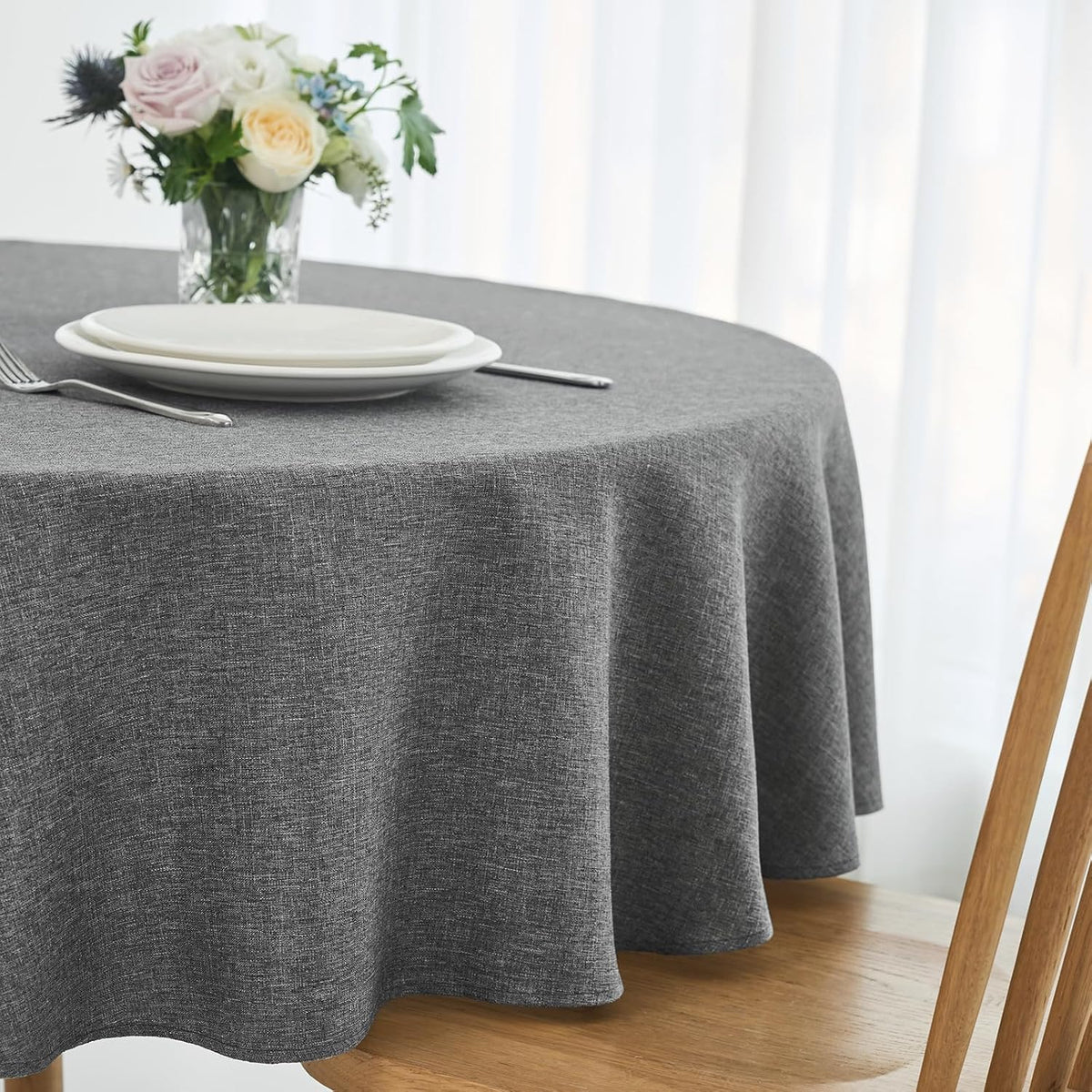 maxmill Round Linen Textured Tablecloth Spill-Proof Stainproof Wrinkle Free Washable Fabric Table
