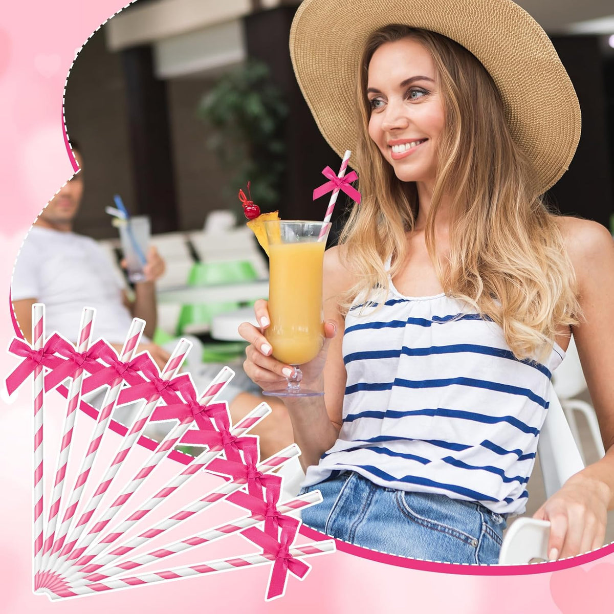 100 Pcs Rose Red Paper Straws for Drinking, Bow Disposable Striped Paper Straws Bulk Rose Red Theme