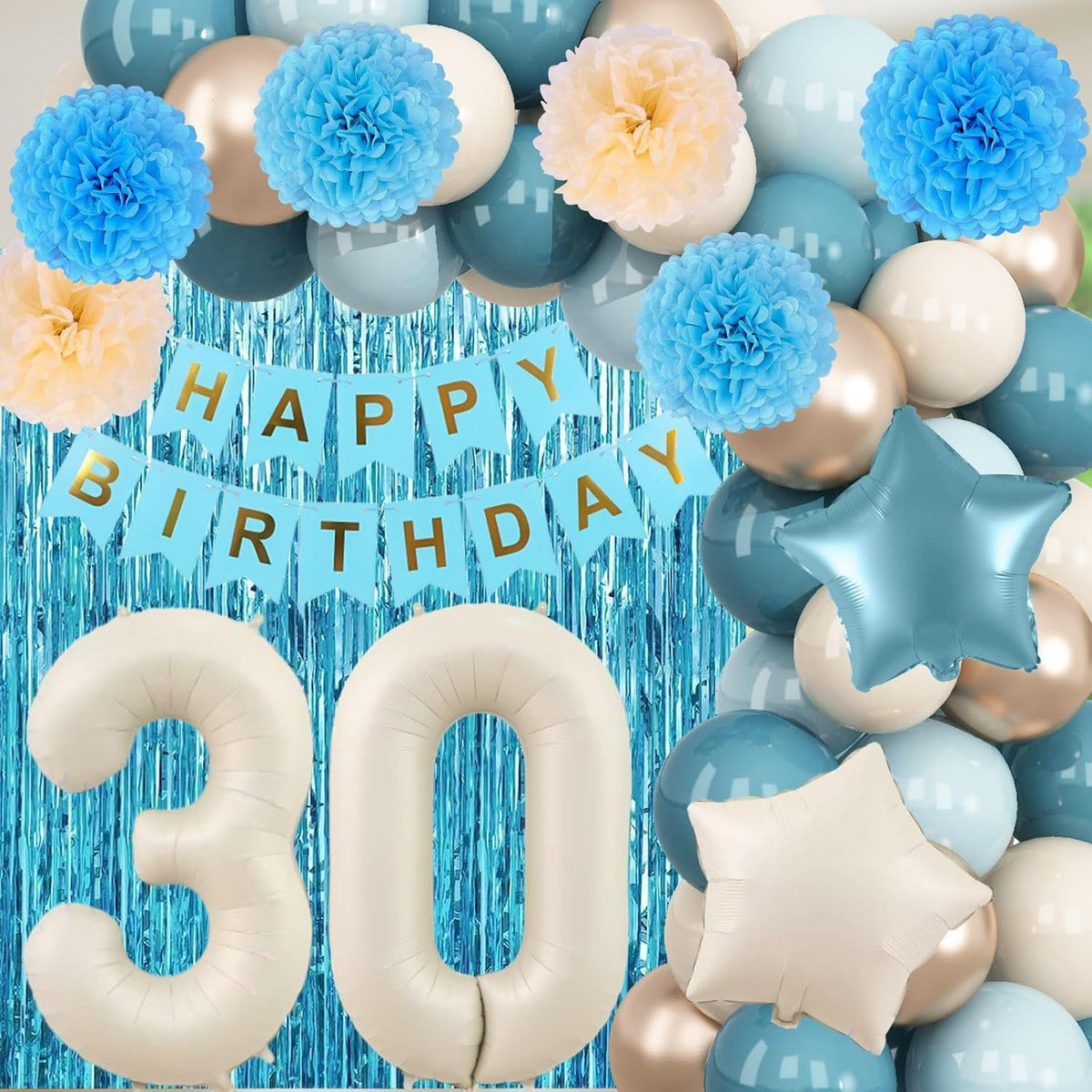 Dusty Blue 30th Birthday Party Decorations for Her Him Beige Cream Number 30 Balloon with Blue Gold