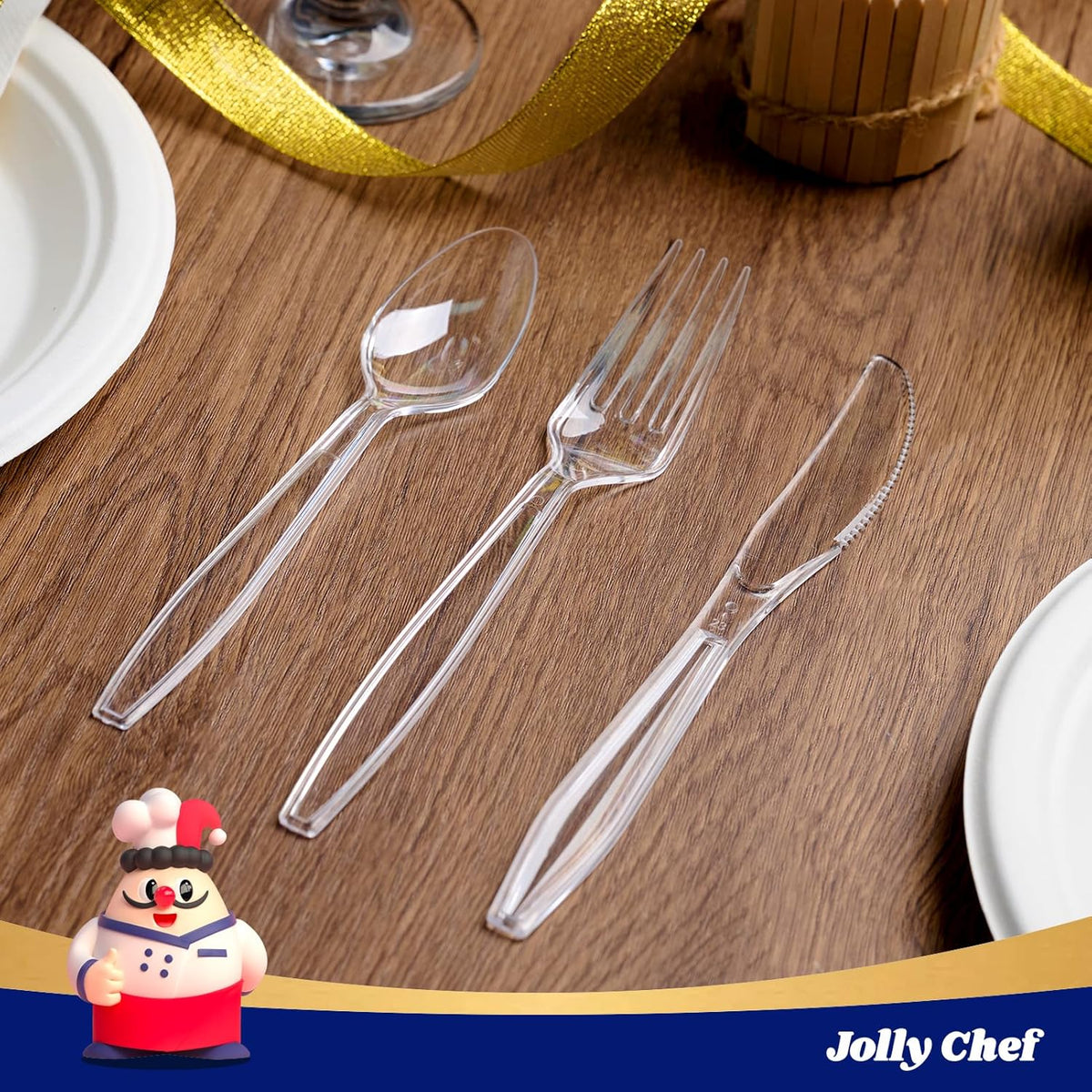 JOLLY CHEF 360 Count Heavy Duty Clear Plastic Silverware-180 Forks, 120 Spoons, 60 Knives, Heat