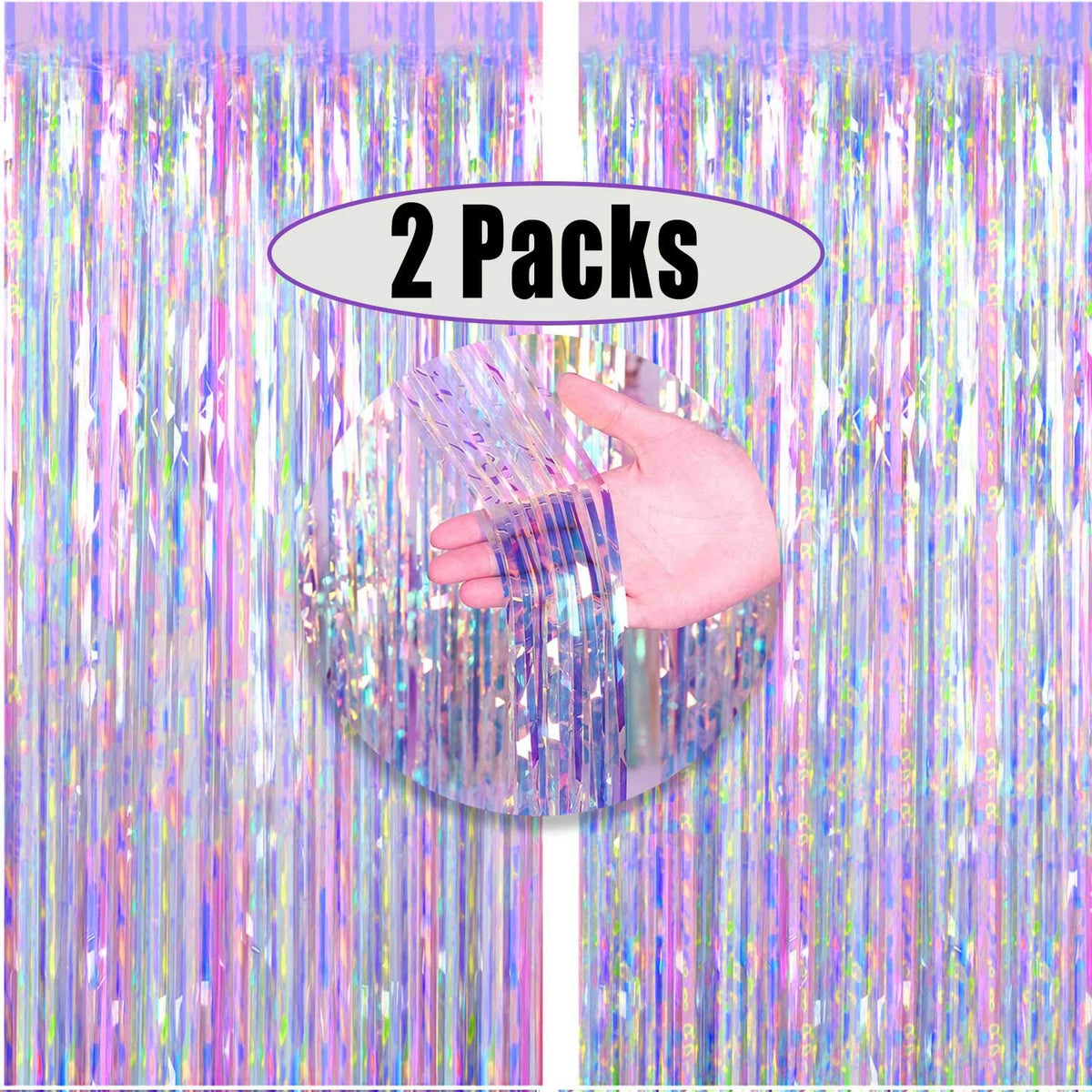 FECEDY 2pcs 3ft x 8.3ft Shiny Corlorful Metallic Tinsel Foil Fringe Curtains Photo Booth Props for