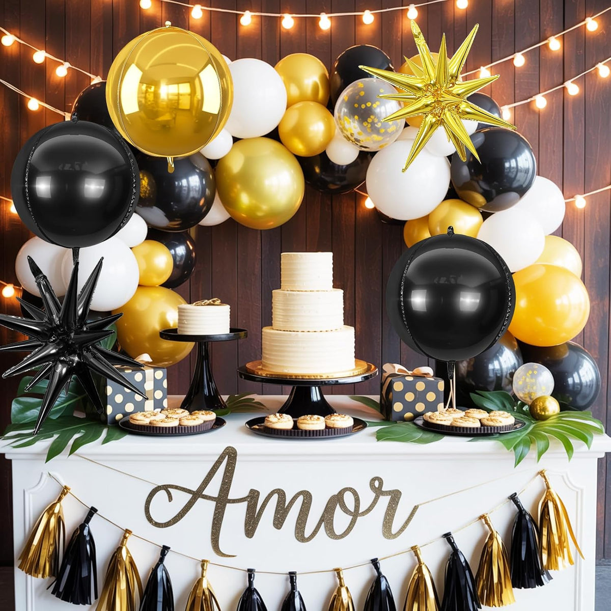 6Pcs Black Gold Foil Balloons,22Inch Gold Black 4D Round Ball Balloon and Explosion Star Balloon
