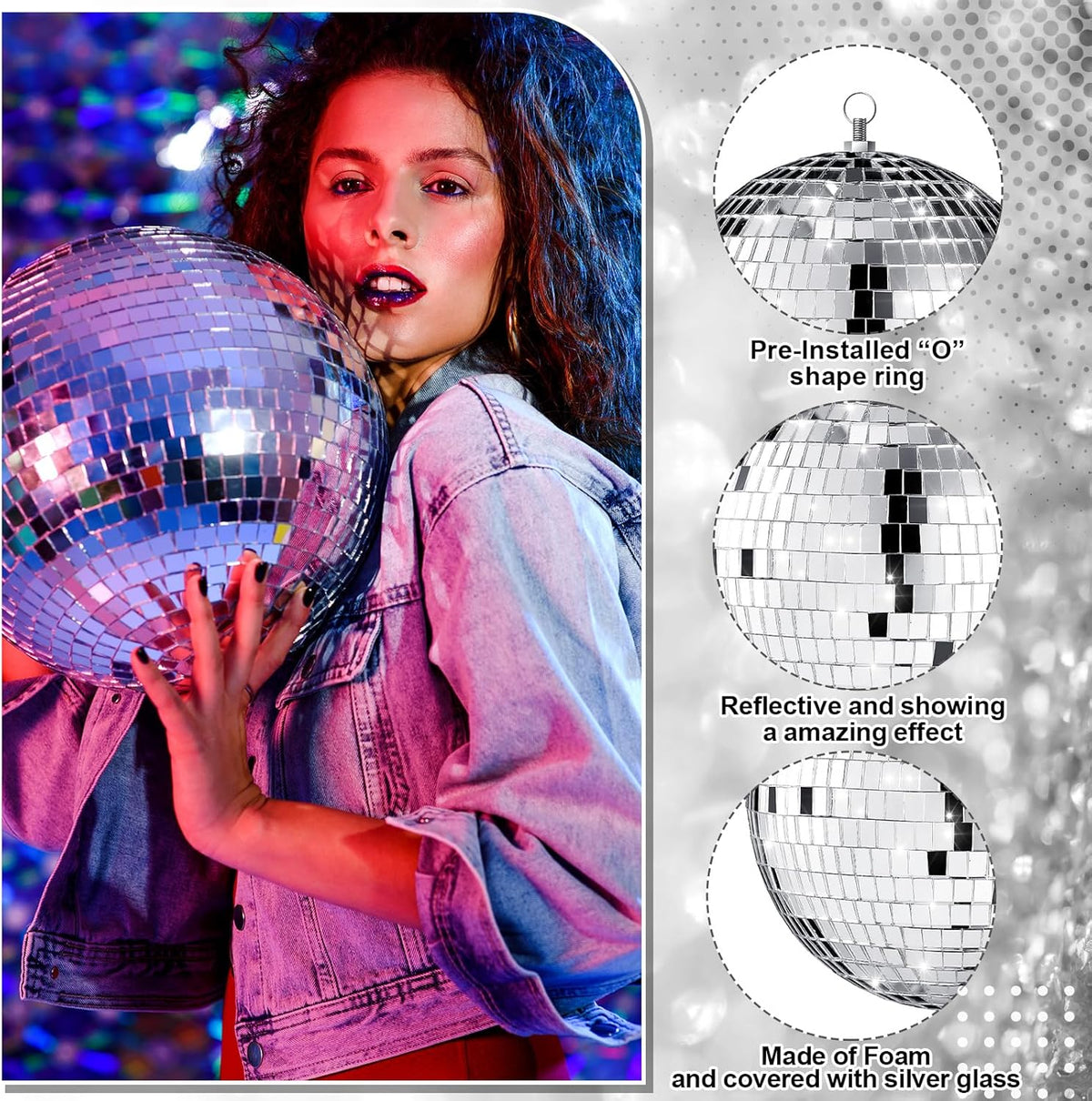 Haull 8 Pcs Large Disco Ball Set Silver Mirror Disco Reflective Ball with Hanging Ring Party