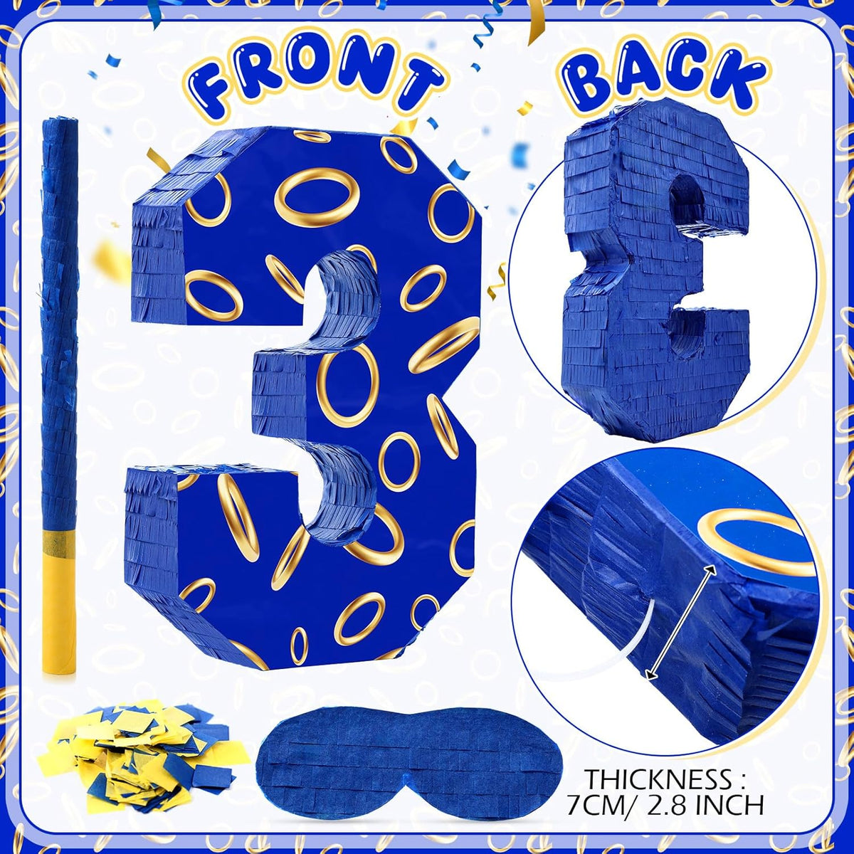 Number 3 Blue and Golden Rings Piñata for Kids Birthday Cartoon Theme Small Piñata with Blindfold