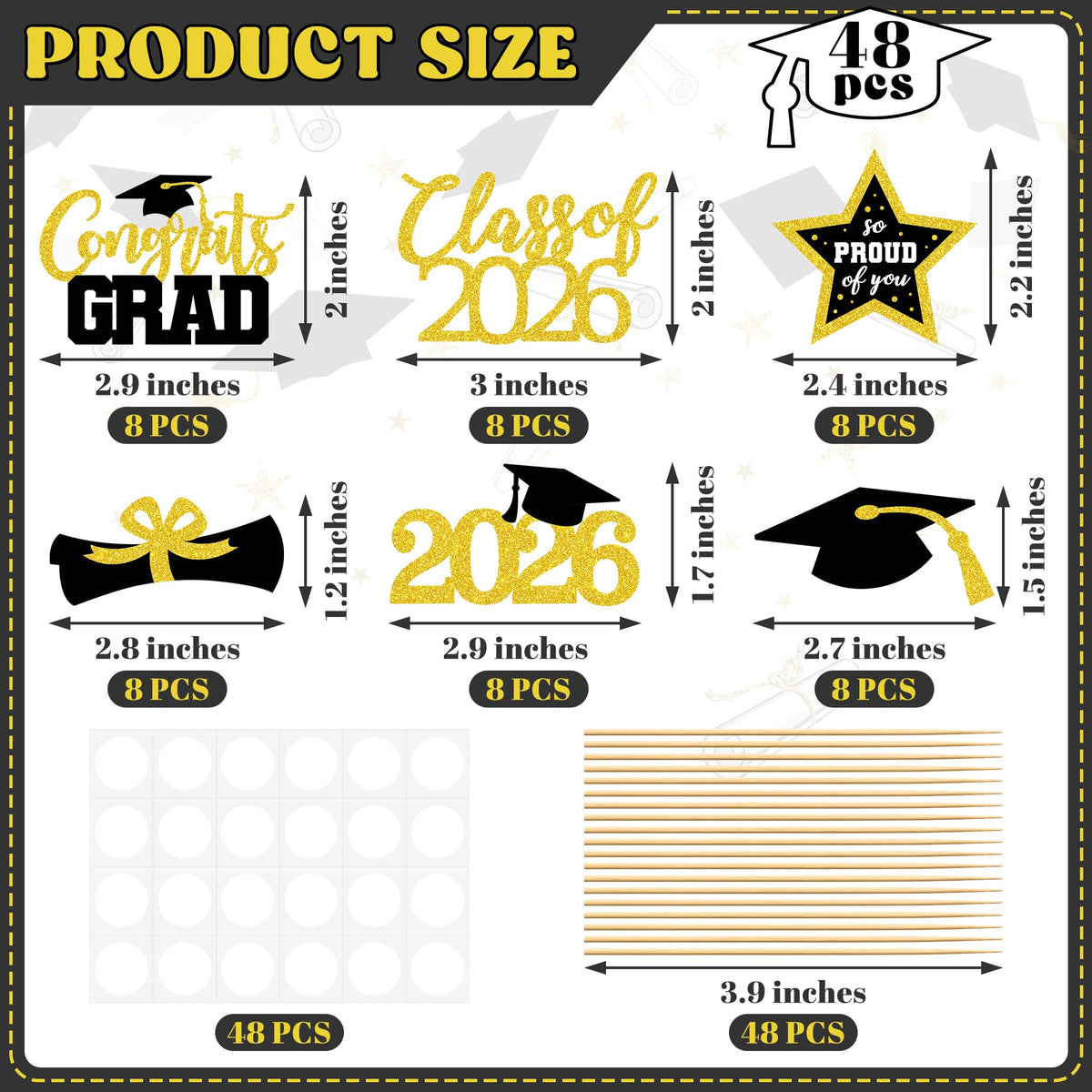 48 PCS Graduation Cupcake Toppers, 6 Styles Congrats Grad Cake Topper, Black and Gold Graduation