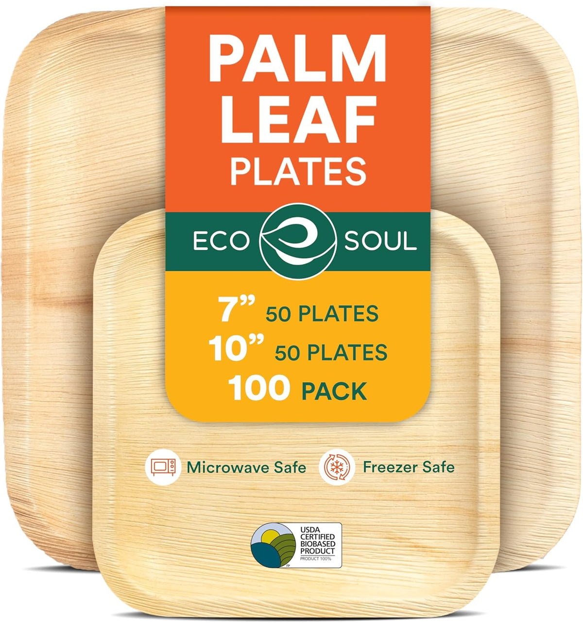 ECO SOUL Compostable 7 & 10 Inch Palm Leaf Square Plates (100 Count) Like Bamboo Plates |