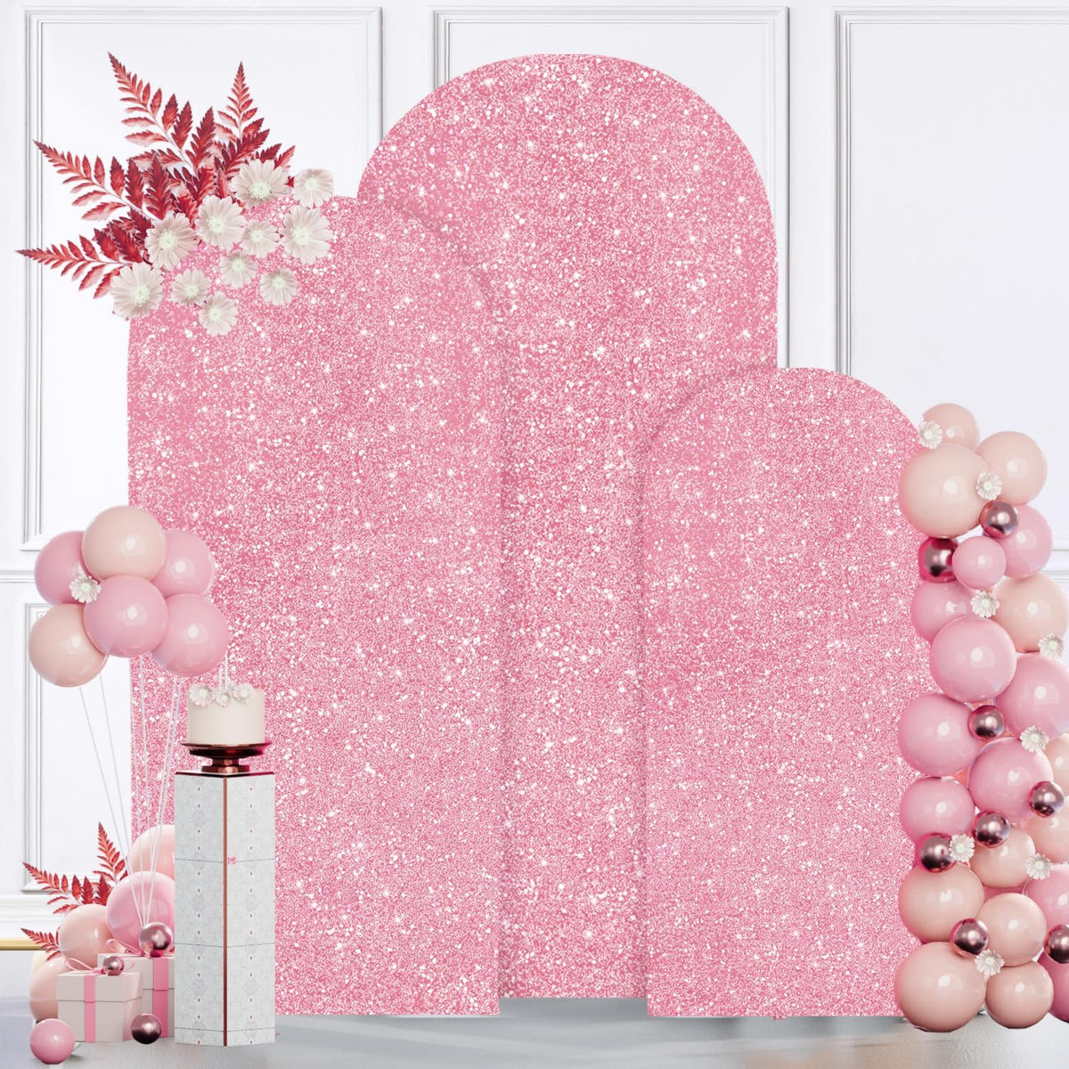 MODFUNS Metal Arch Backdrop Stand and Cover Set 6&6.6&7.2ft Pink Gold Sequins Arch Backdrop Covers