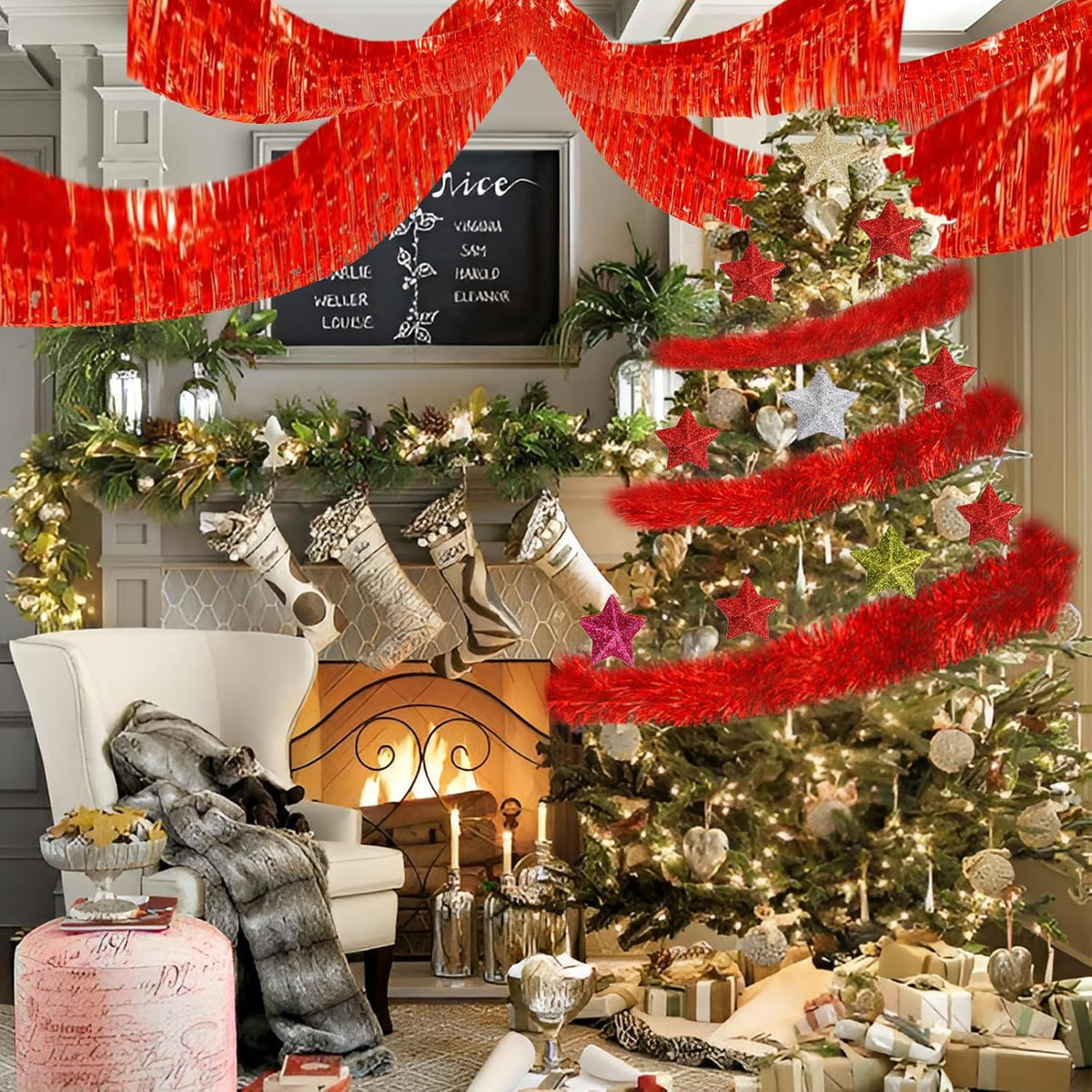 Red Foil Fringe Garland 10FT 6packs, Metallic Foil Tinsel Fringe Banners for Parade Float