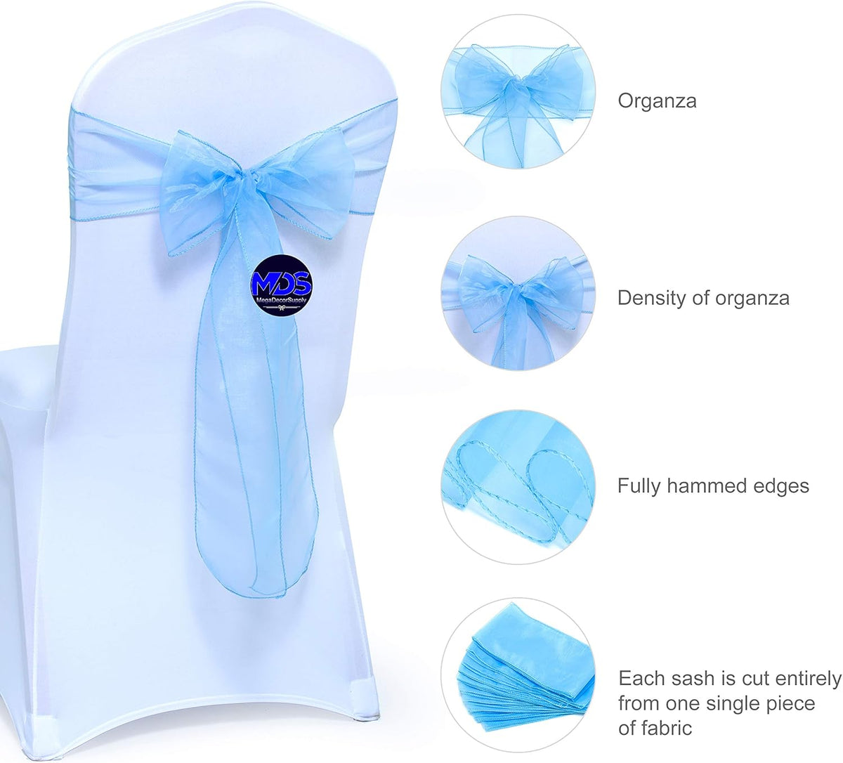 MDS Pack of 125 PCS Organza Chair Sashes Wider Dining Chair Bows Ribbon Tie Back for Wedding Party