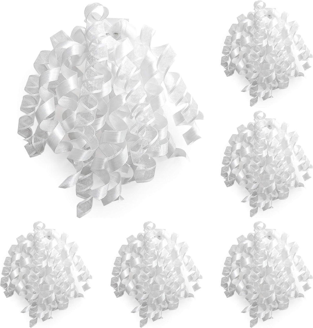 CT CRAFT LLC White Satin and Sheer Curly Ribbon Bow 6" Long x 6 Counts Gift Wrapping Pre-Tied