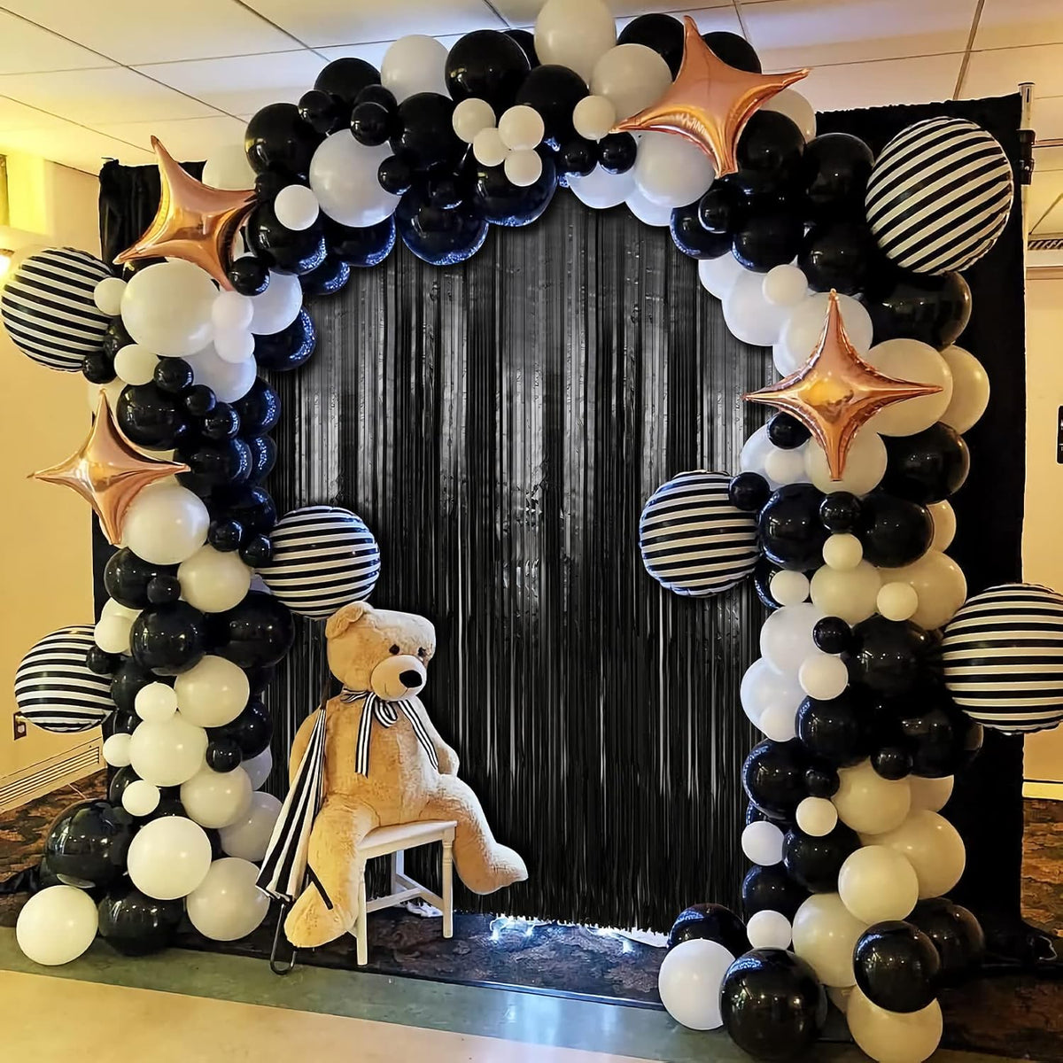 Crosize 4 Pack 3.3 x 9.9 ft Black Foil Fringe Backdrop Curtain, Streamer Backdrop Curtains