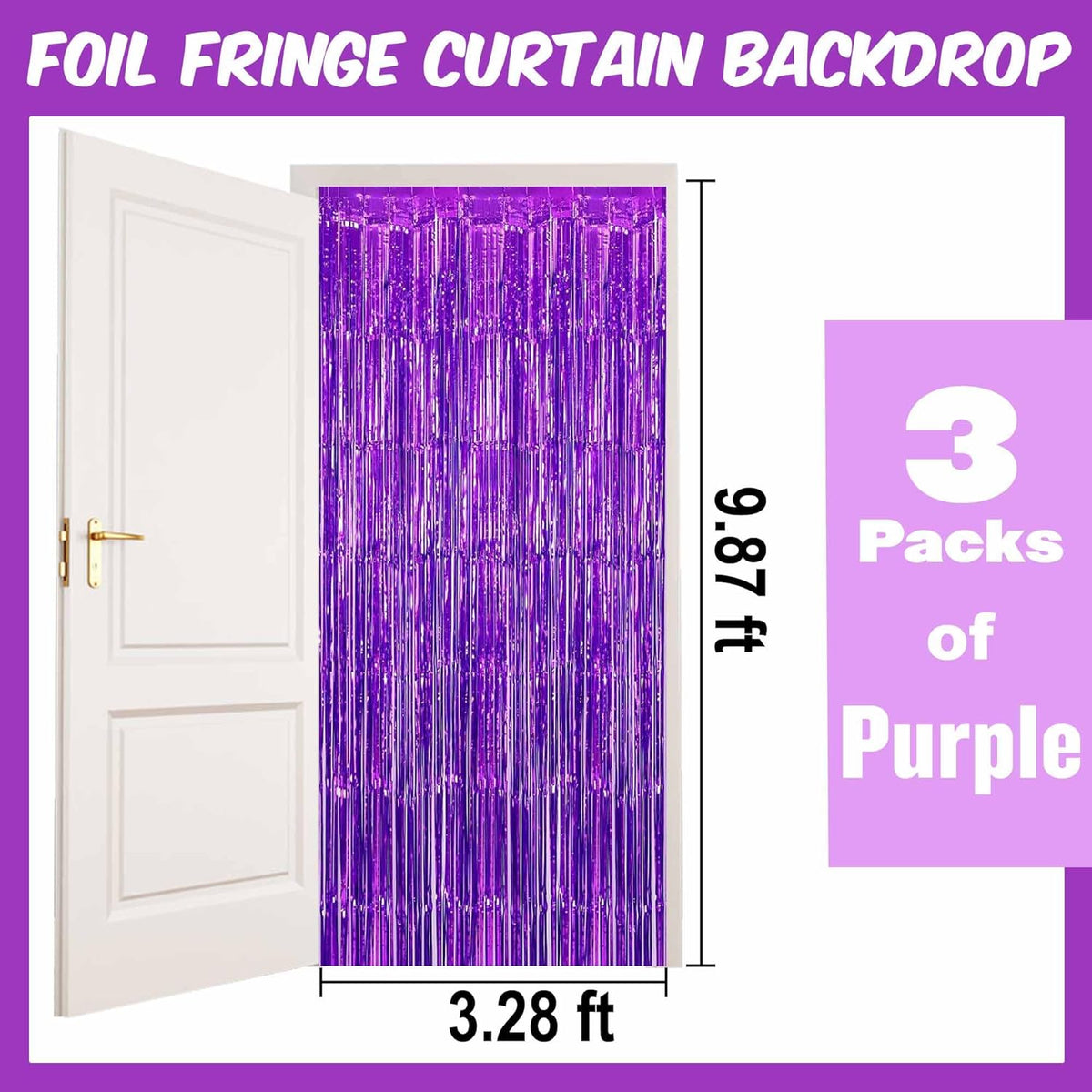 3 Pack Purple Foil Fringe Curtains Backdrop, 3.28 x 9.8 Ft Metallic Streamers Tinsel Curtains