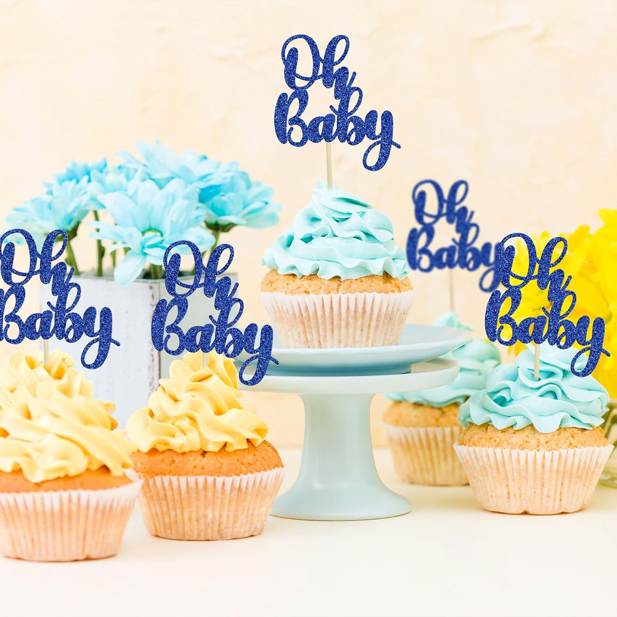 Gyufise 36Pcs Oh Baby Cupcake Toppers Glitter Baby Shower Oh Baby Cupcake Picks for Gender Reveal