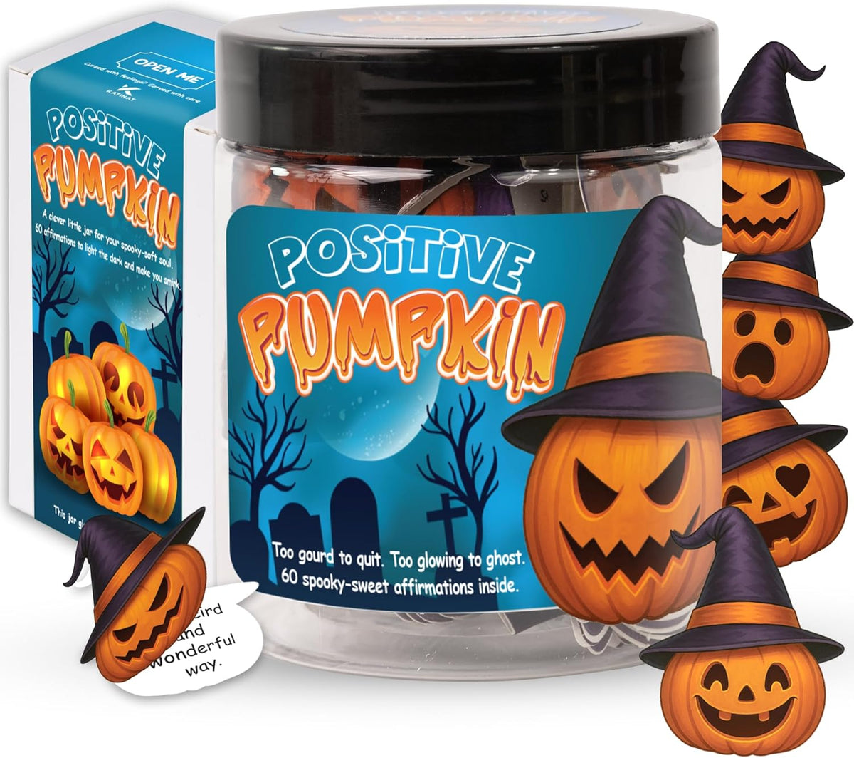 Positive Pumpkin Jar, Affirmation Jar – Halloween Gifts for Kids, Teens, Women – 60 Cute Pumpkin