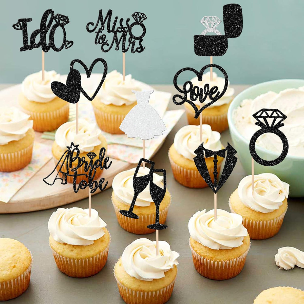 30 PCS Bride to Be Cupcake Toppers Glitter Miss to Mrs I Do Love Heart Ring Cupcake Picks Wedding