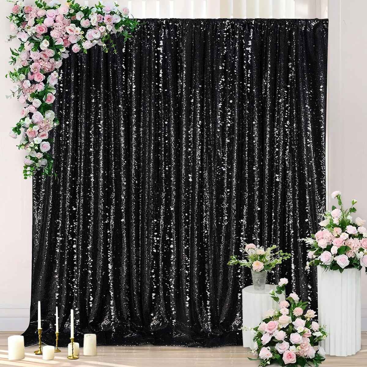 Black Sequin Backdrop Curtain 7ft x 7ft Glitter Photo Booth Backdrop for Wedding Birthday Baby