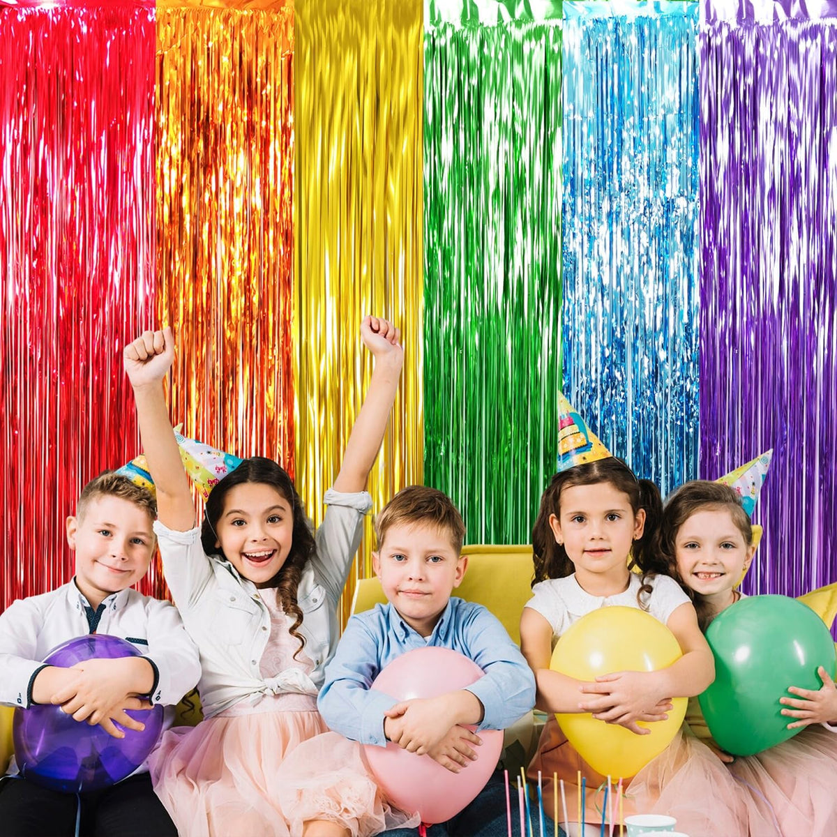 GOER 6.5 ft x 8.2 ft Metallic Tinsel Foil Fringe Curtains,Pack of 2 Party Streamer Backdrop for