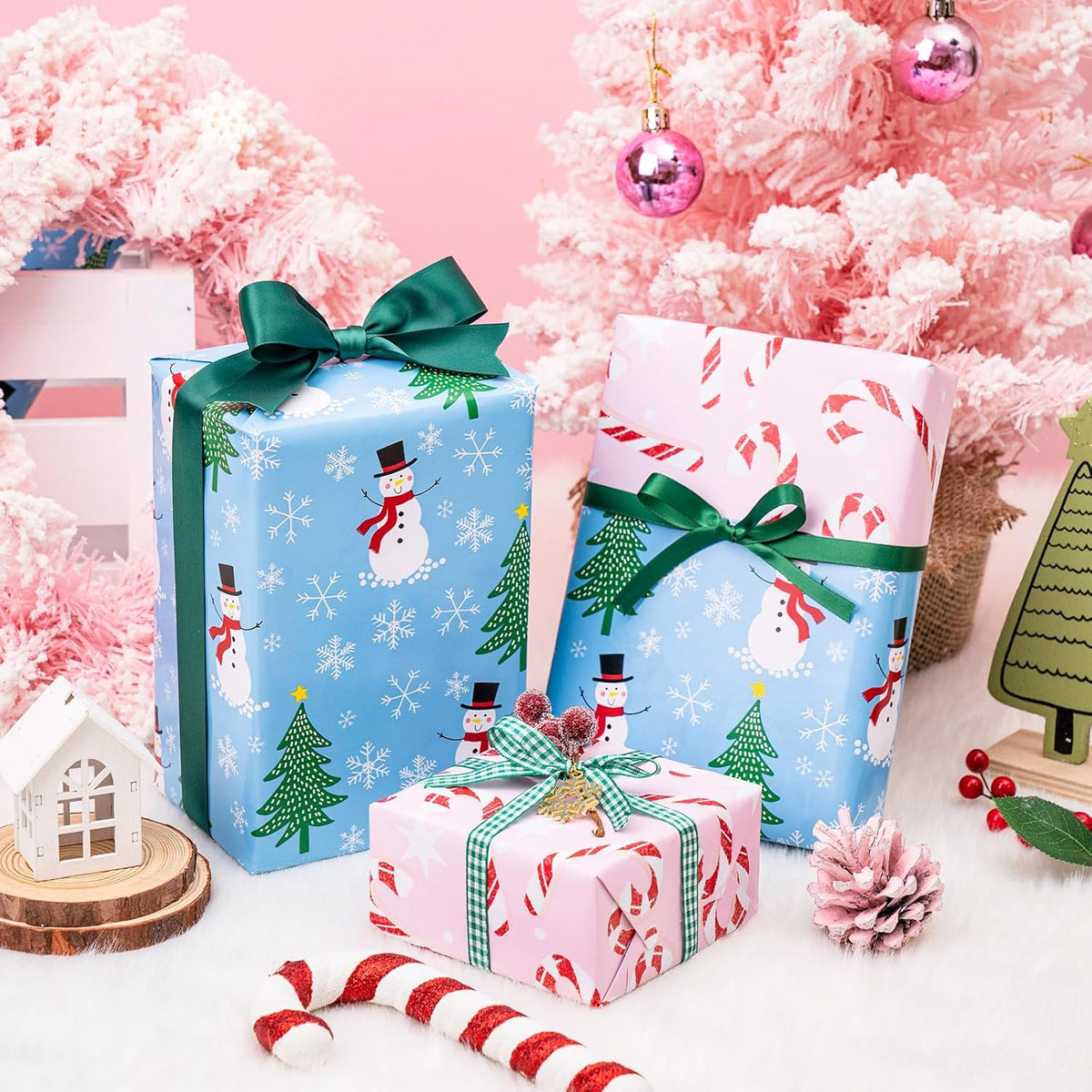 LeZakaa Christmas Wrapping Paper for Kids, Mini Roll, Red Truck, Snowman Christmas Tree in Blue &