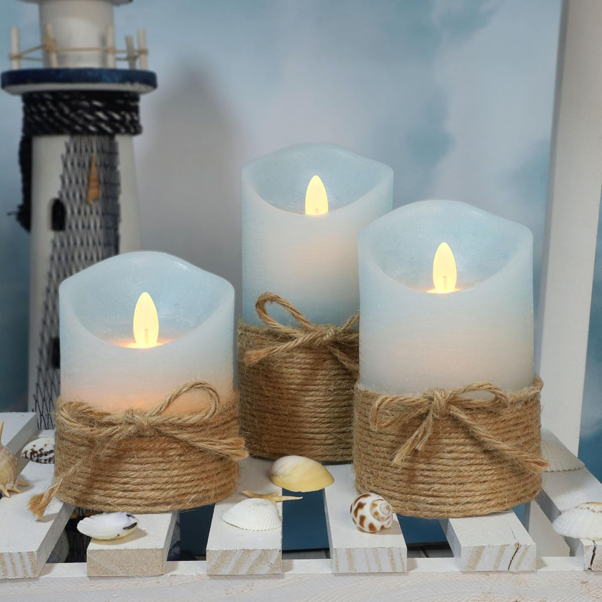 Silverstro Nautical Decor Ocean Blue Flameless Candles - Home Christmas Farmhouse Summer