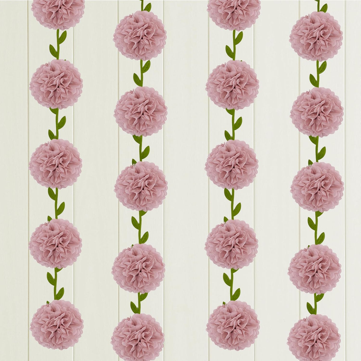 2 Pack Rose Pink Tissue Paper Pom Pom Garlands Hanging with Cloth Vine for Nature Garden Fence