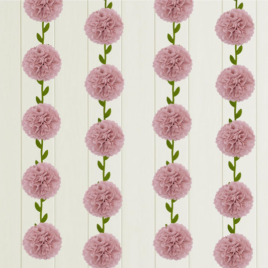 2 Pack Rose Pink Tissue Paper Pom Pom Garlands Hanging with Cloth Vine for Nature Garden Fence