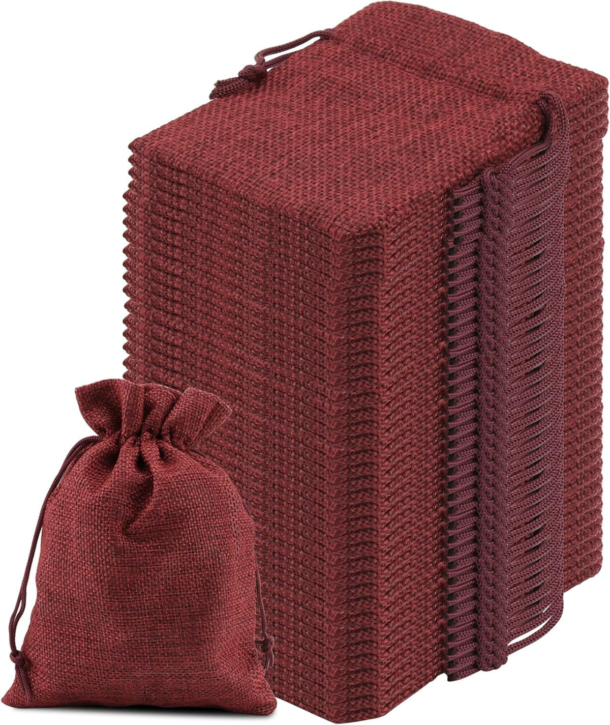 ZOENHOU 100 Packs 3 x 4 Inch Large Burlap Bags Bulk with Drawstring, Durable Wine Red Jute