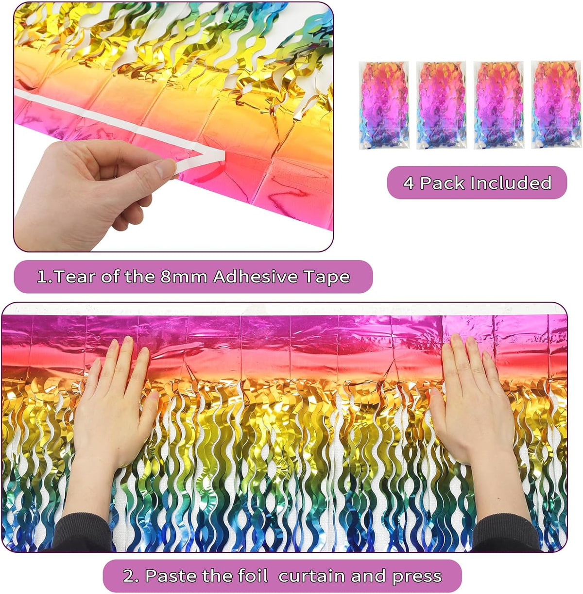 4 Pack Wavy Rainbow Foil Fringe Curtain | 3.3x6.6ft Colorful Tinsel Metallic Streamers Holiday