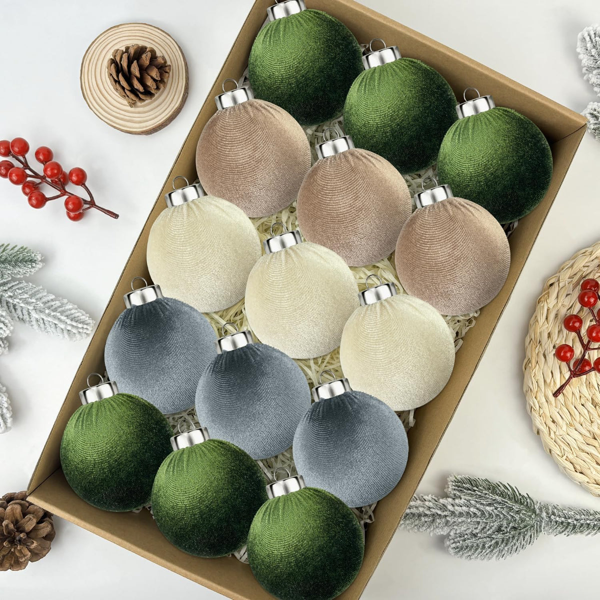 Velvet Ball Ornaments for Christmas Tree 15 PCS, Large Neutral Flocked Christmas Bulb Ornaments Set