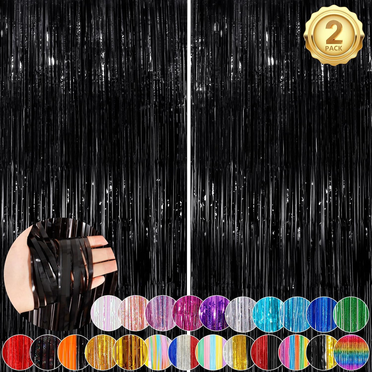 Black Fringe Curtain Party Streamers 2Pack 3.3x8.3 Ft Foil Fringe Backdrop Curtains for Birthday